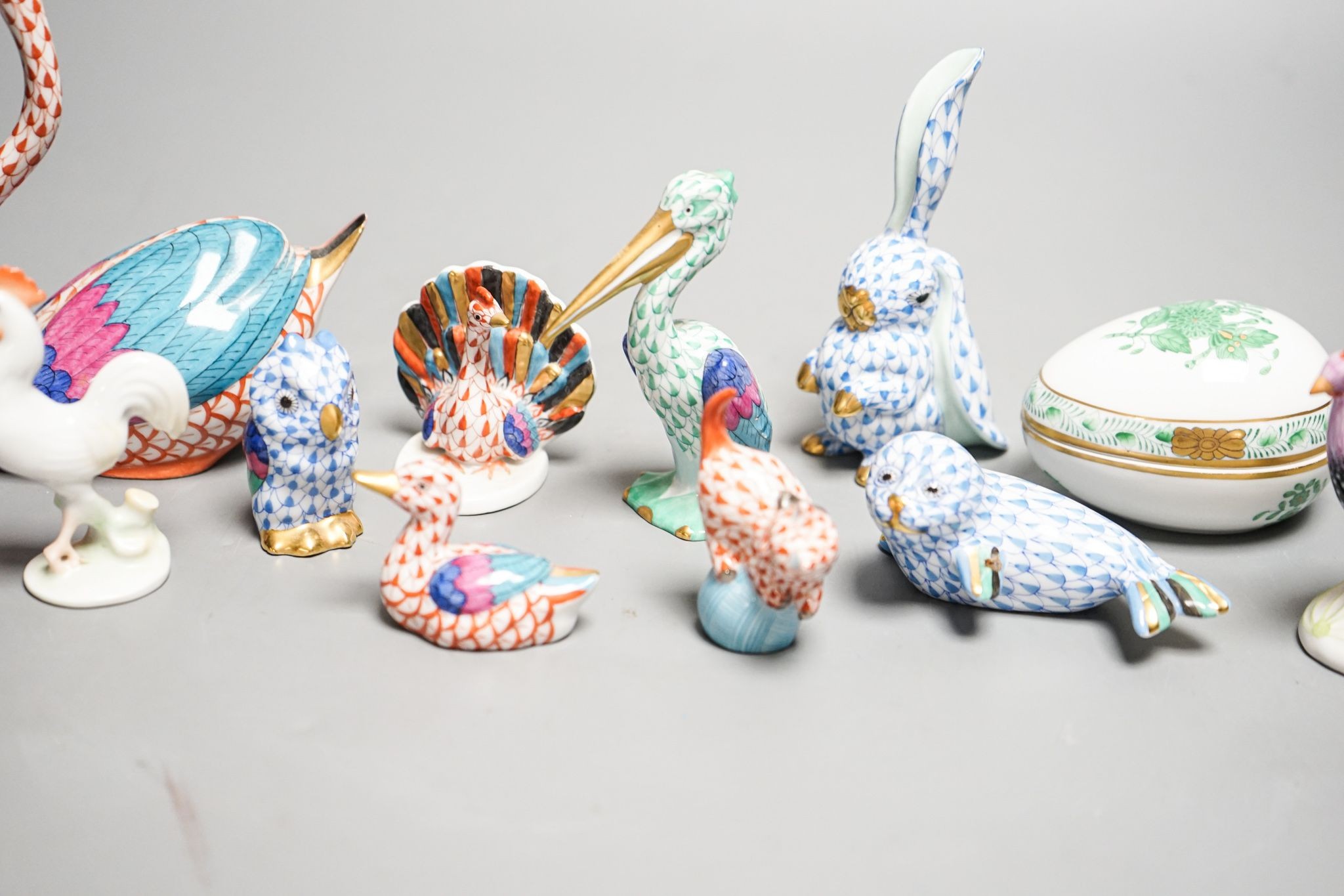 11 Herend porcelain animals and a similar egg shaped box